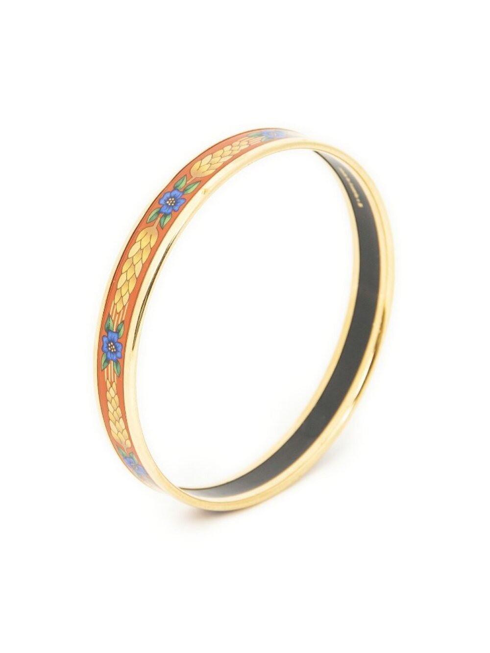 Hermes Enamel Bangle Orange Blue Green Flower and Wheat Motif Bracelet